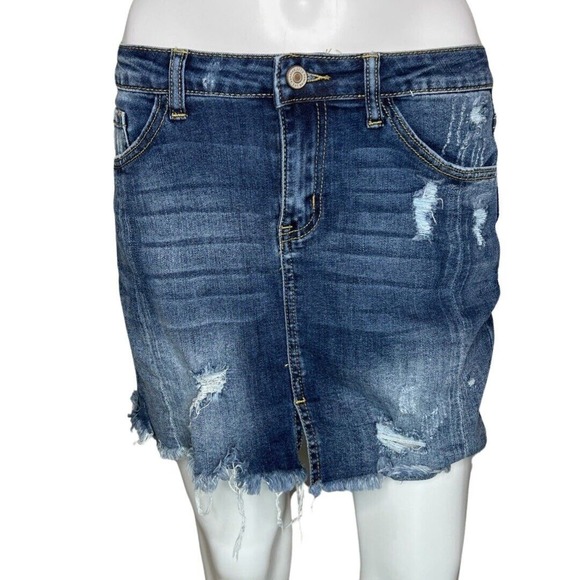 KanCan Dresses & Skirts - KanCan Skirt Juniors 3 25" Blue Denim Pencil Straight Mini Skirt Distress Casual